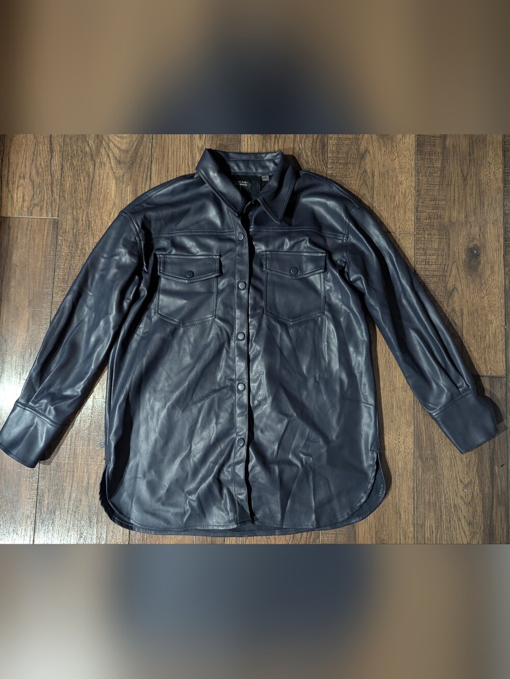 Tahari Midnight Blue Faux Leather Shacket Snap Down w/ Pockets Sz L NWT Classic